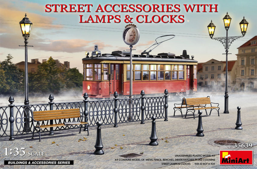 STREET ACCESSORIES WITH LAMPS & CLOCKS KIT 1:35 - Miniart - MIN35639