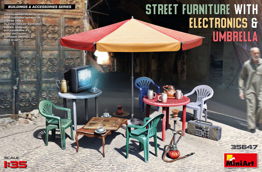 STREET FURNITURE WITH ELECTRONICS & UMBRELLA KIT 1:35 - Miniart - MIN35647