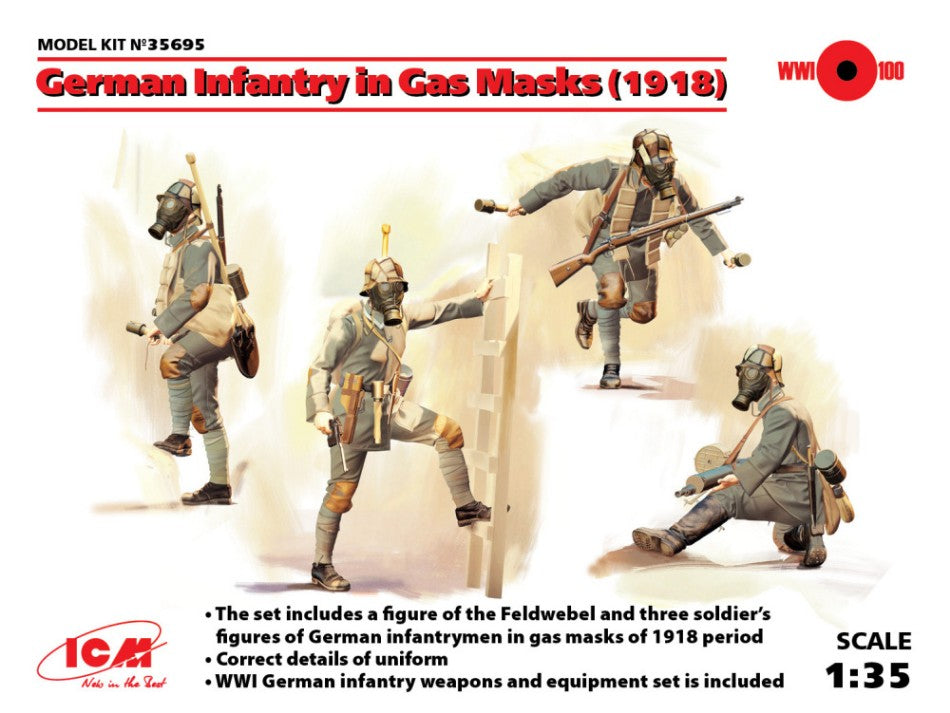 GERMAN INFANTRY IN GAS MASKS 1918 4 FIGURES KIT 1:35 - ICM - ICM35695