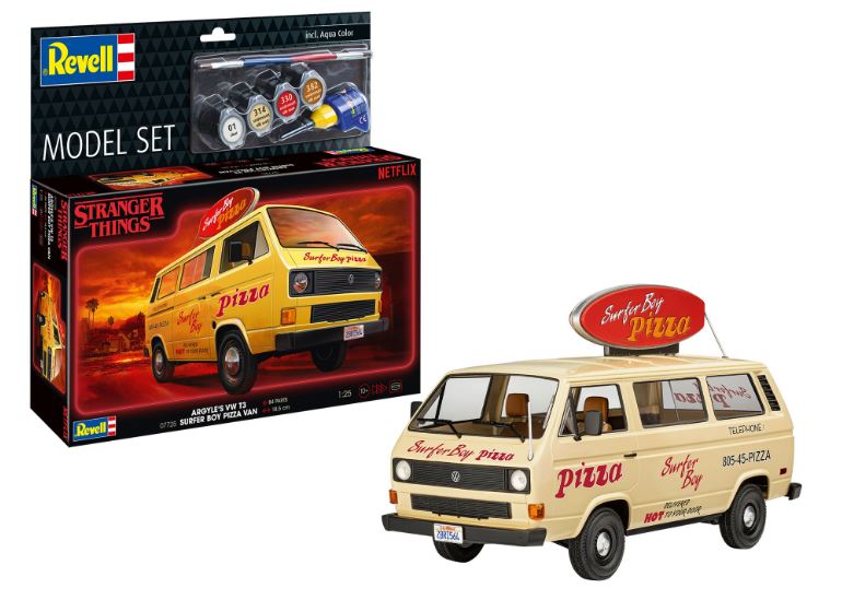 VW T3 BUS "SURFER BOY PIZZA" "STRANGER THINGS" MODEL SET KIT 1:25 - Revell - RV67725