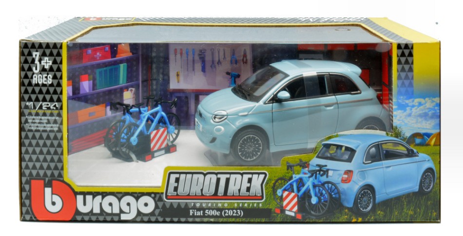 FIAT 500e LIGHT GREY + BIKE 1:24 - Burago - BU23012