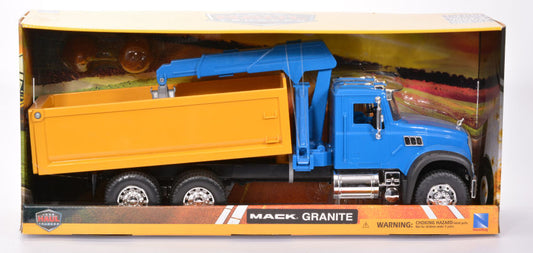 MACK GRANITE DUMP YELLOW TRUCK BLUE W/CRANE PLASTICA 1:18 - New Ray - NY17106