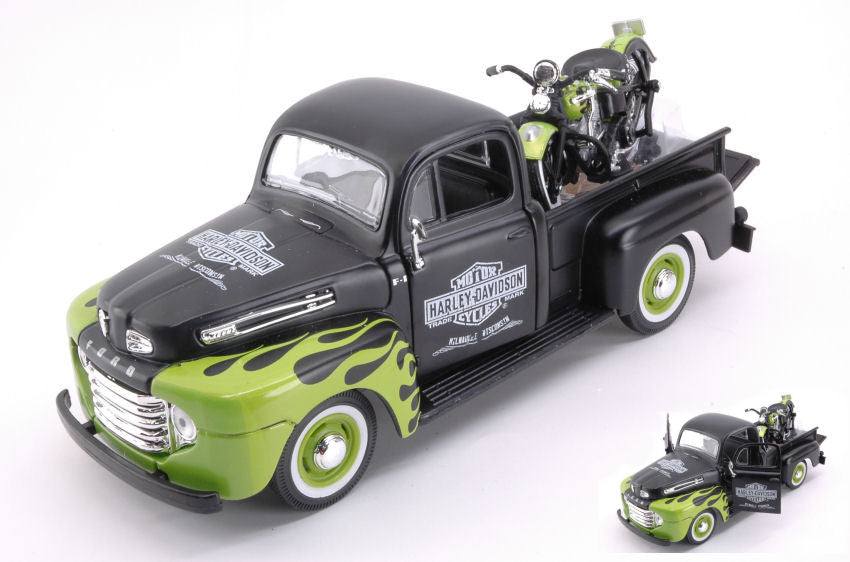 FORD F1 PICK UP 1948 W/HARLEY DAVIDSON FL PANHEAD BLACK/GREEN 1:24 - Maisto - MI32171G