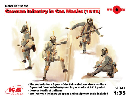 GERMAN INFANTRY IN GAS MASKS 1918 4 FIGURES KIT 1:35 - ICM - ICM35695