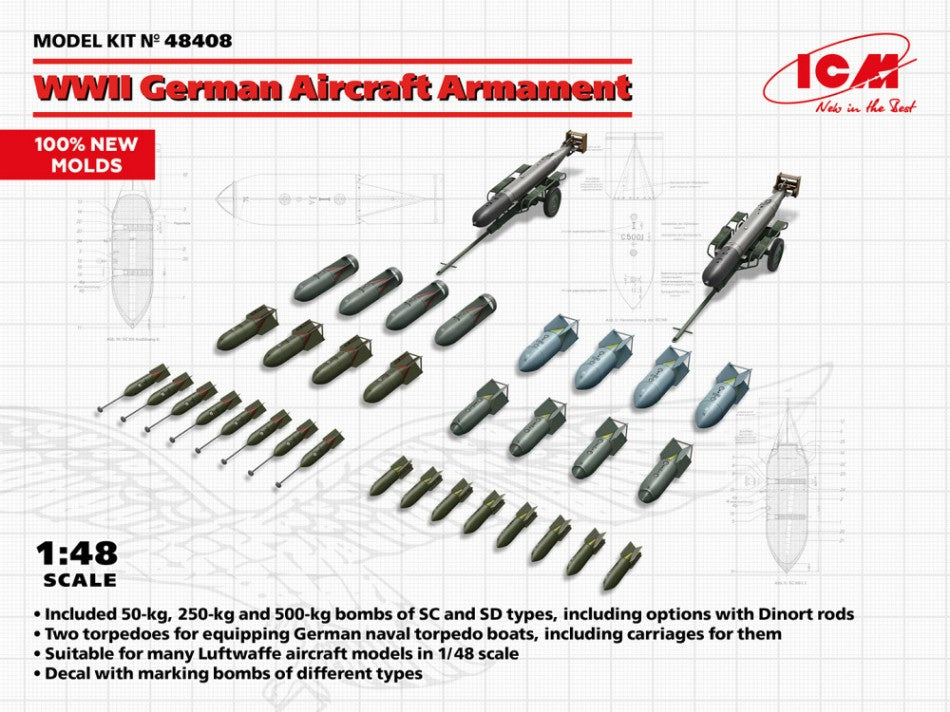 WWII GERMAN AIRCRAFT ARMAMENT KIT 1:48 - ICM - ICM48408
