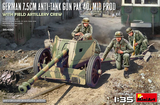 GERMAN 7,5 cm ANTI-TANK GUN PAK 40 MID PROD.W/ARTILLERY CREW KIT 1:35 - Miniart - MIN35400