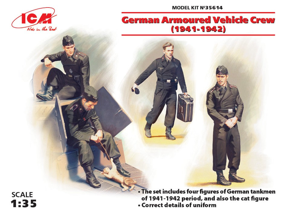 GERMAN ARMOURED VEHICLE CREW 1941-1942 4 FIGURES AND CAT KIT 1:35 - ICM - ICM35614