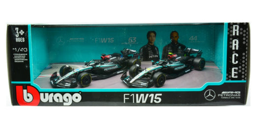 SET MERCEDES F1W15 2024 N.63 GEORGE RUSSELL + N.44 LEWIS HAMILTON 1:43 - Burago - BU38201