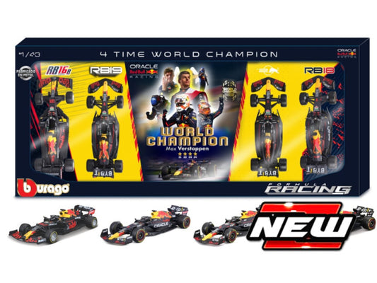 RED BULL SET 4 x F1 WORLD CHAMPION M.VERSTAPPEN 2021-2022-2023-2024 1:43 - Burago - BU38213