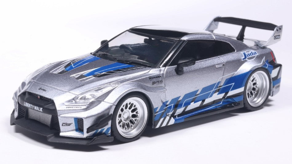 NISSAN GT-R (R35) LIBERTY
WALK SILHOUETTE SILVER AND BLUE
STRIPES 1:43 - Solido - SL4311211
