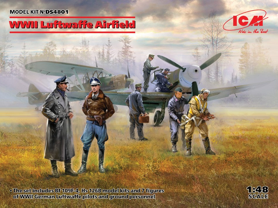 WWII LUFTWAFFE AIRFIELD Bf 109F-4 Hs 126 B-1 KIT 1:48 - ICM - ICMDS4801