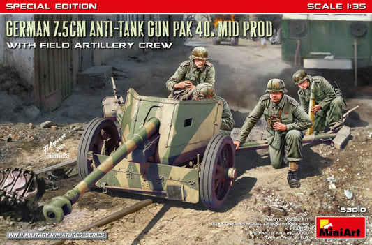 GERMAN 7,5 cm ANTI TANK GUN PAK 40 MID PROD.W/ARTILLERY CREW KIT 1:35 - Miniart - MIN53010