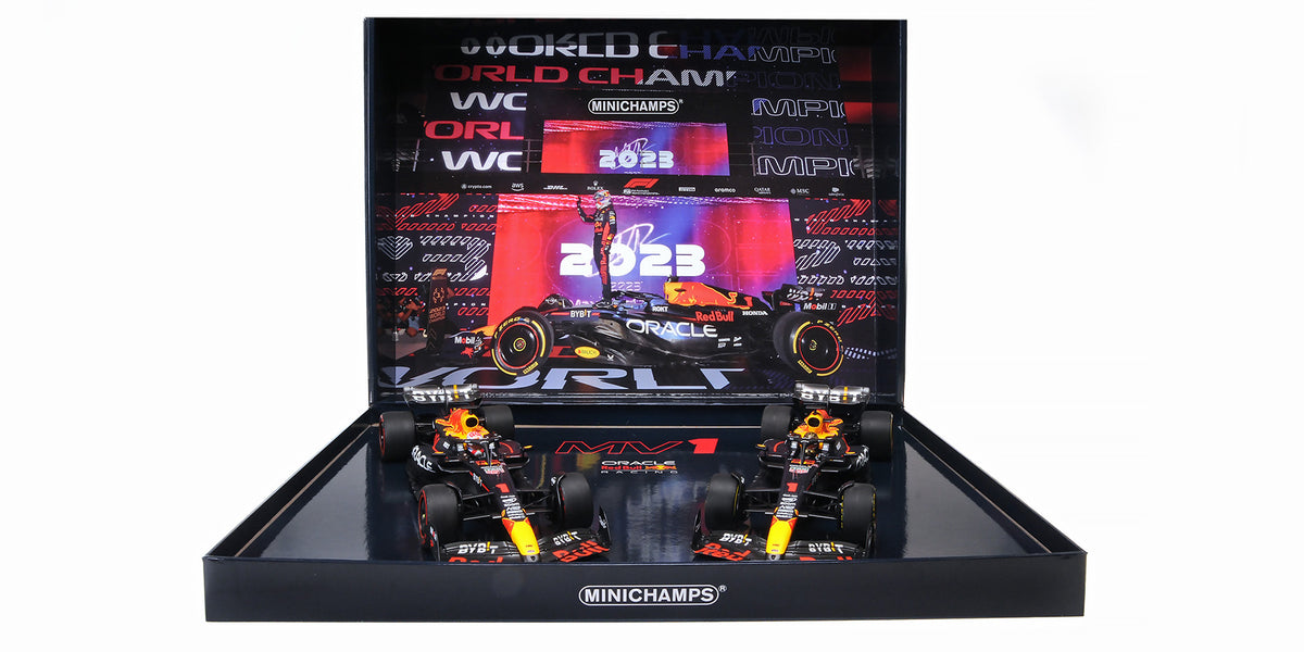 RED BULL RACING RB19 TWO CAR SET MAX VERSTAPPEN W.C. QATAR SPRINT & GP 2023 - 1/18 - Minichamps