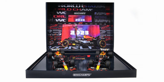 RED BULL RACING RB19 TWO CAR SET MAX VERSTAPPEN W.C. QATAR SPRINT & GP 2023 - 1/18 - Minichamps